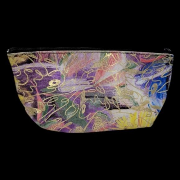 Vintage Hand Painted Leather Zip Clutch Gold Embellished - Picture 1 of 5